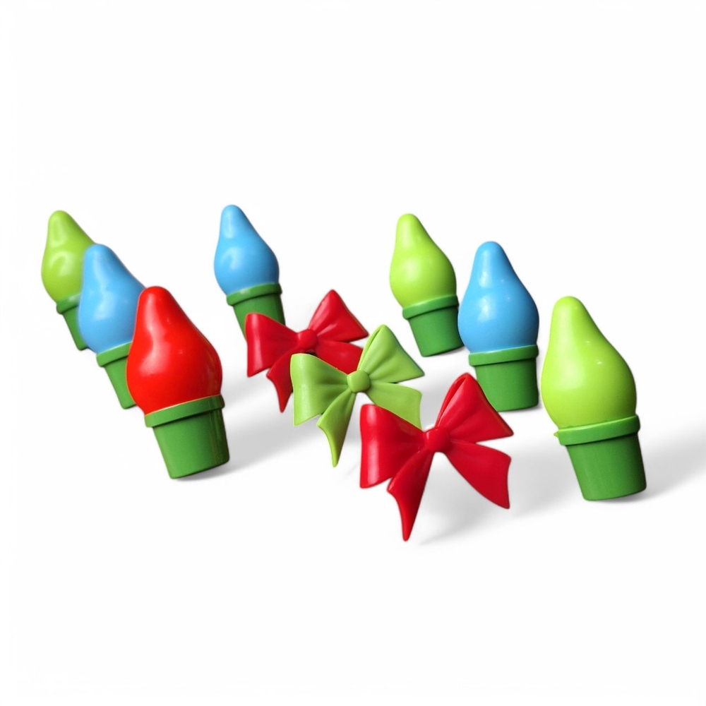 10 Christmas Cake Toppers Plastic Bulbs And Bows Rings Novelty Gifts